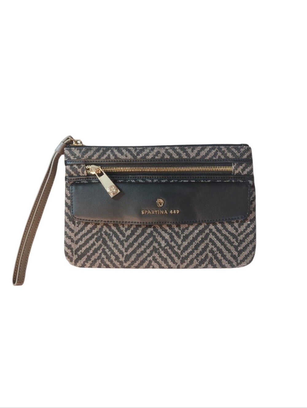 Spartina 449 Black and Tan Patterned Wristlet with Gold Hardware